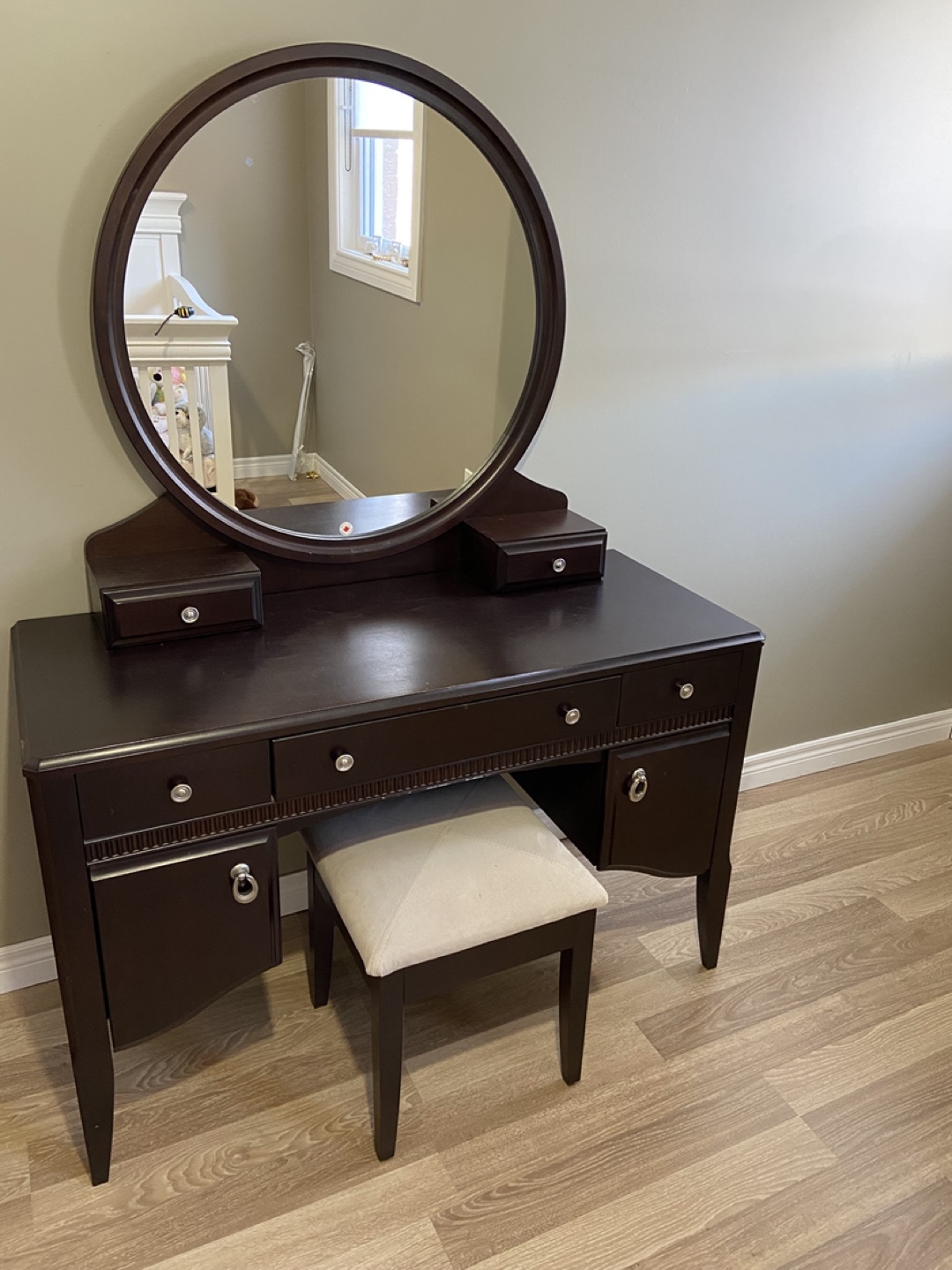 Dark Brown Vanity Set with Mirror and Stool