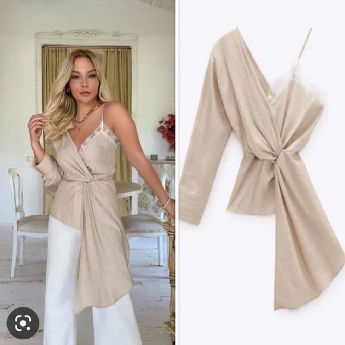 NEVER WORN . Beige Asymmetrical Satin Blouse with Lace Detail