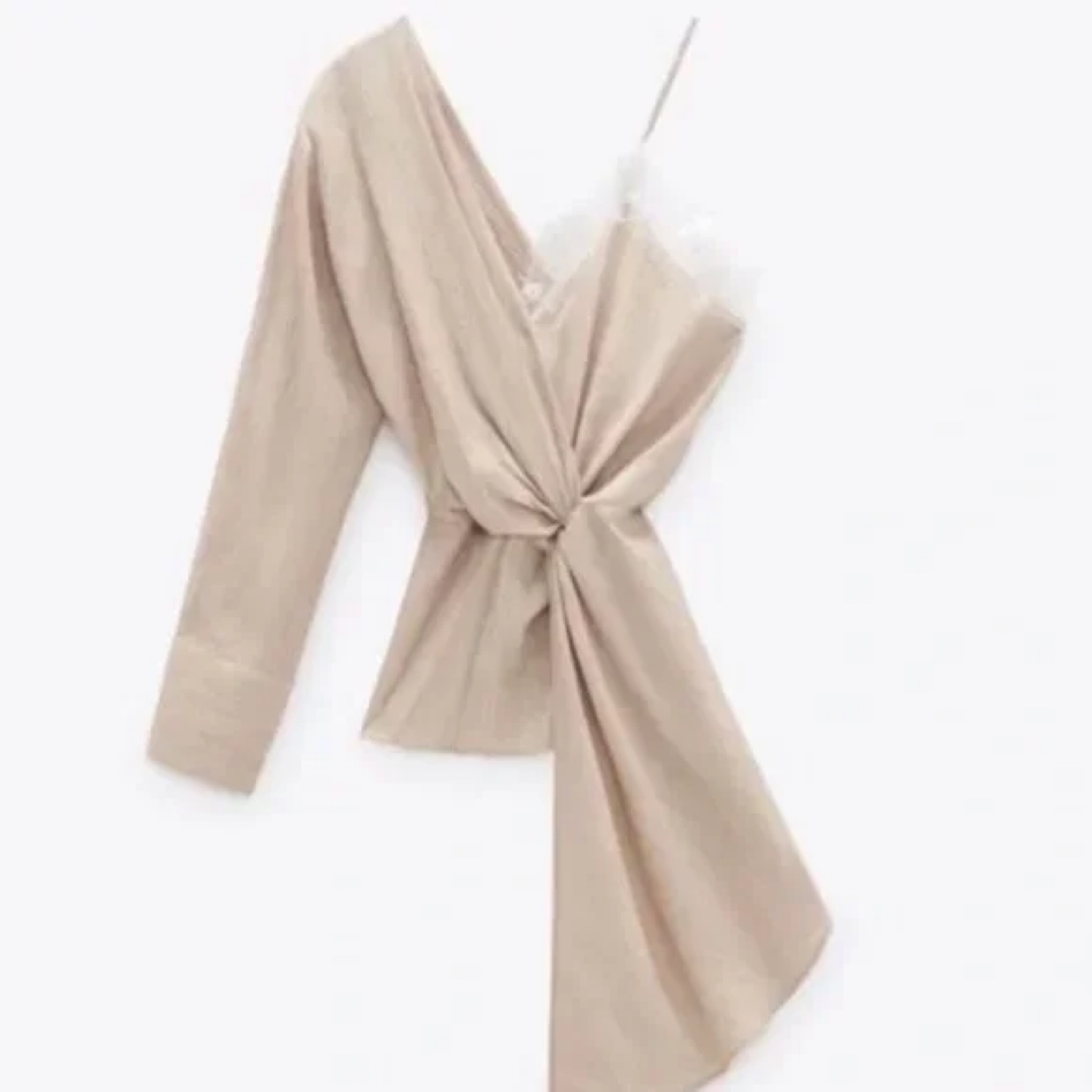 NEVER WORN . Beige Asymmetrical Satin Blouse with Lace Detail - photo 2