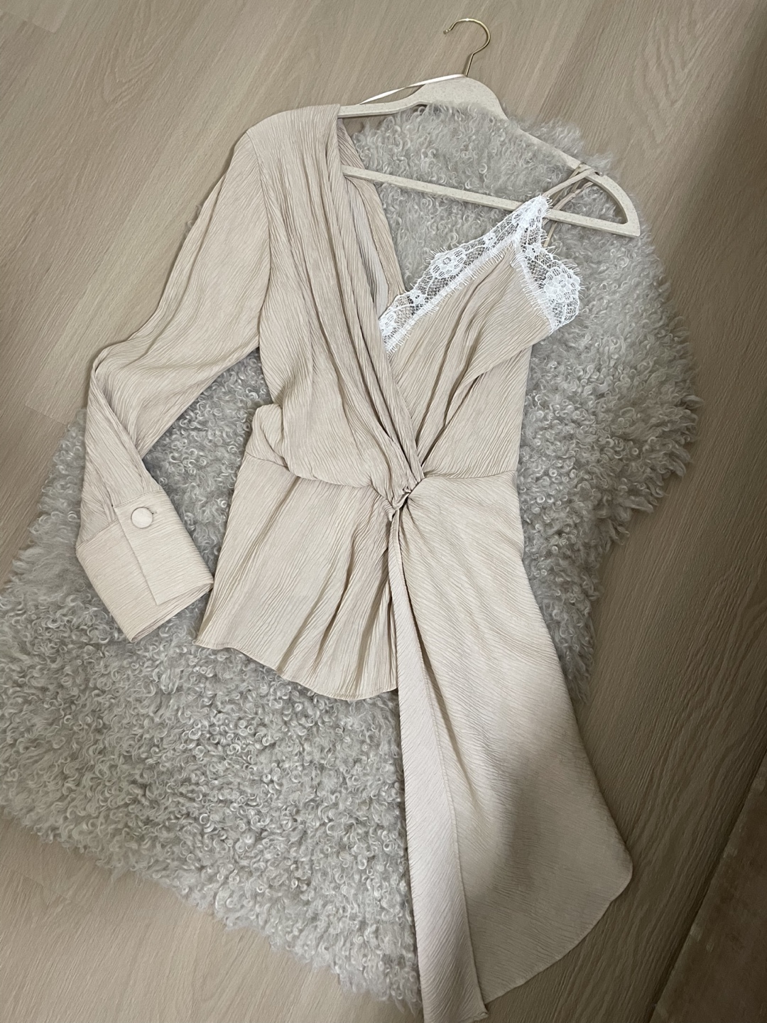 NEVER WORN . Beige Asymmetrical Satin Blouse with Lace Detail - photo 4