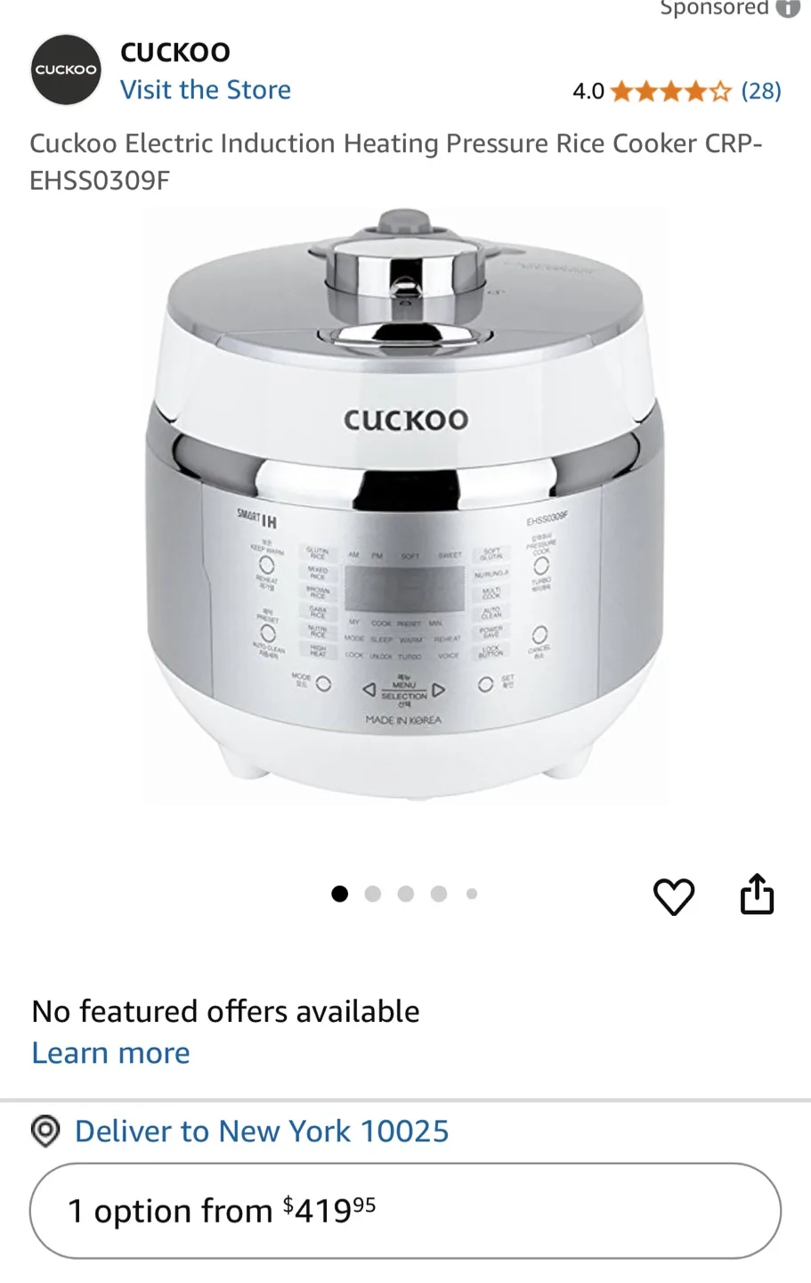 (moving sale) Cuckoo Electric Rice Cooker CRP-EHS0309F thumbnail
