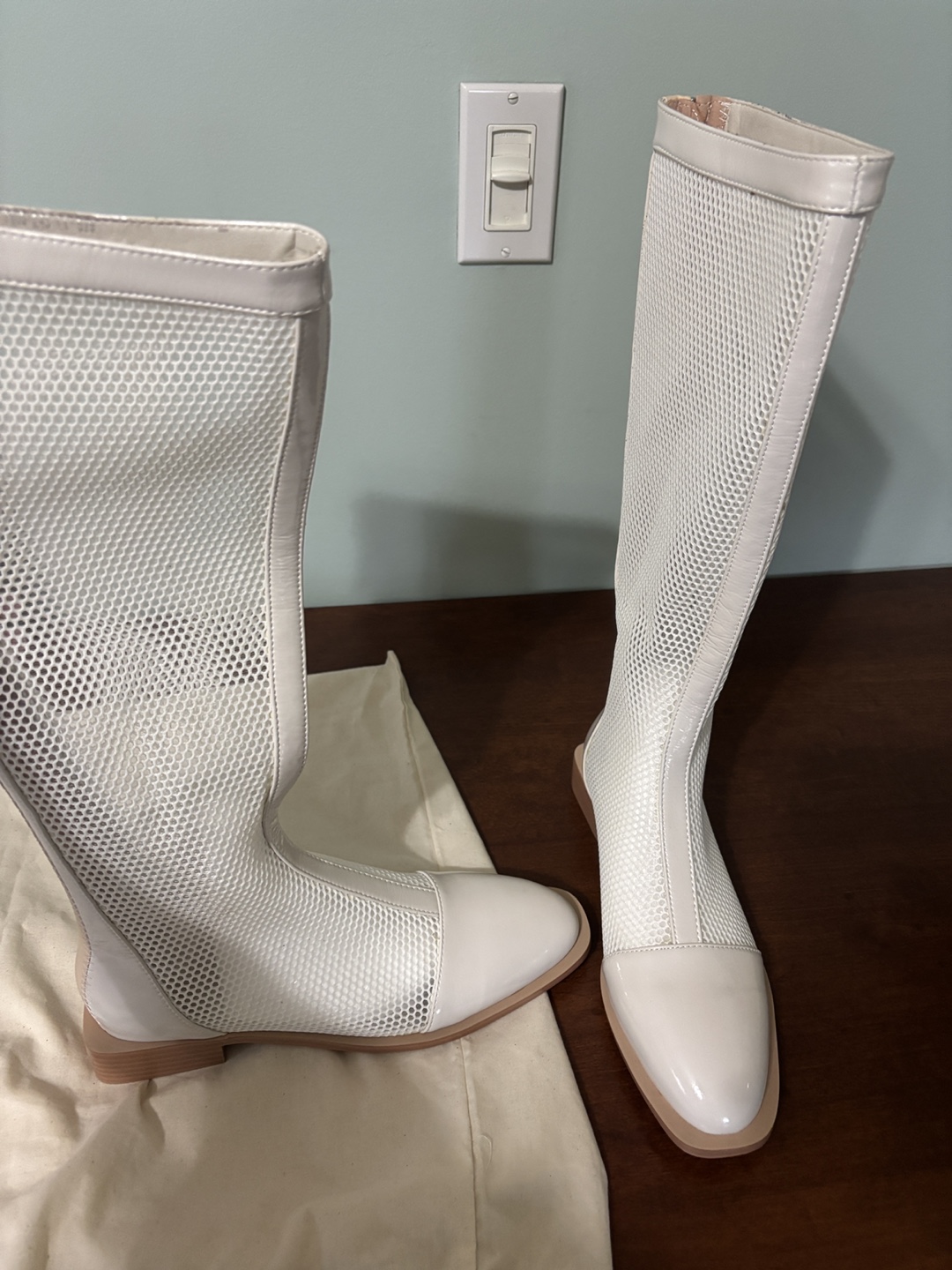 White Mesh Knee-High Boots