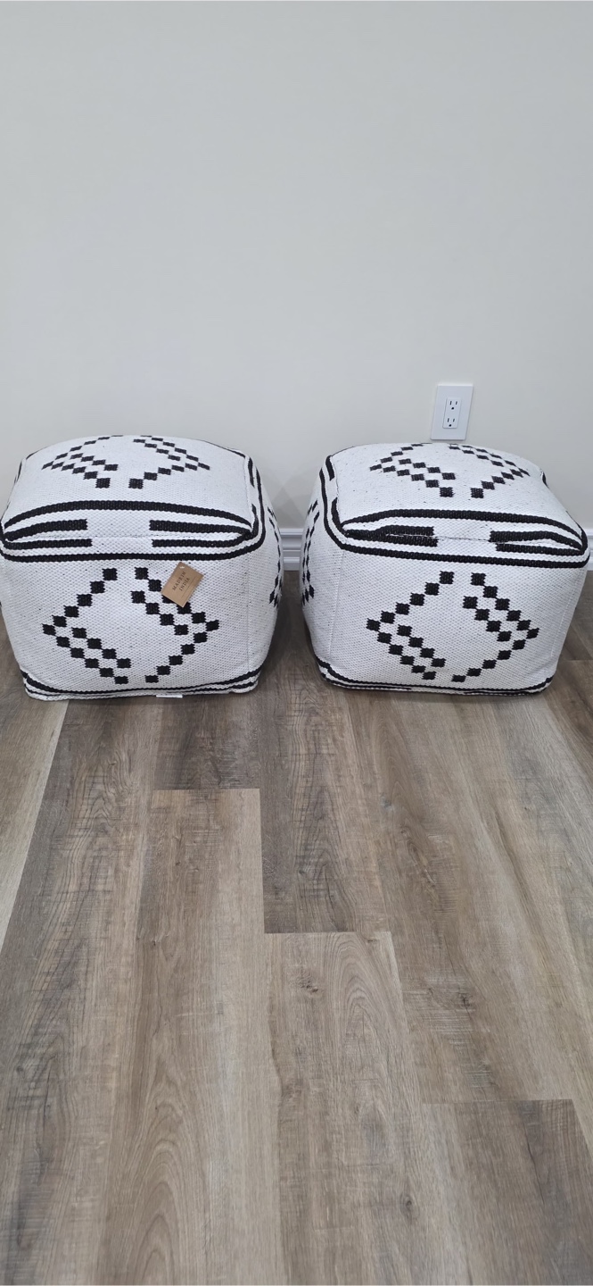 Pair of Black and White Woven Poufs