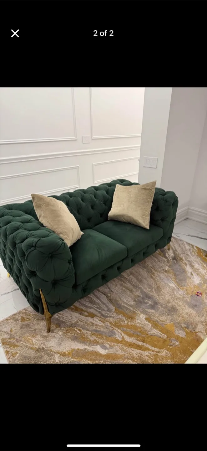 Two Dark Green Velvet Button Tufted Sofas