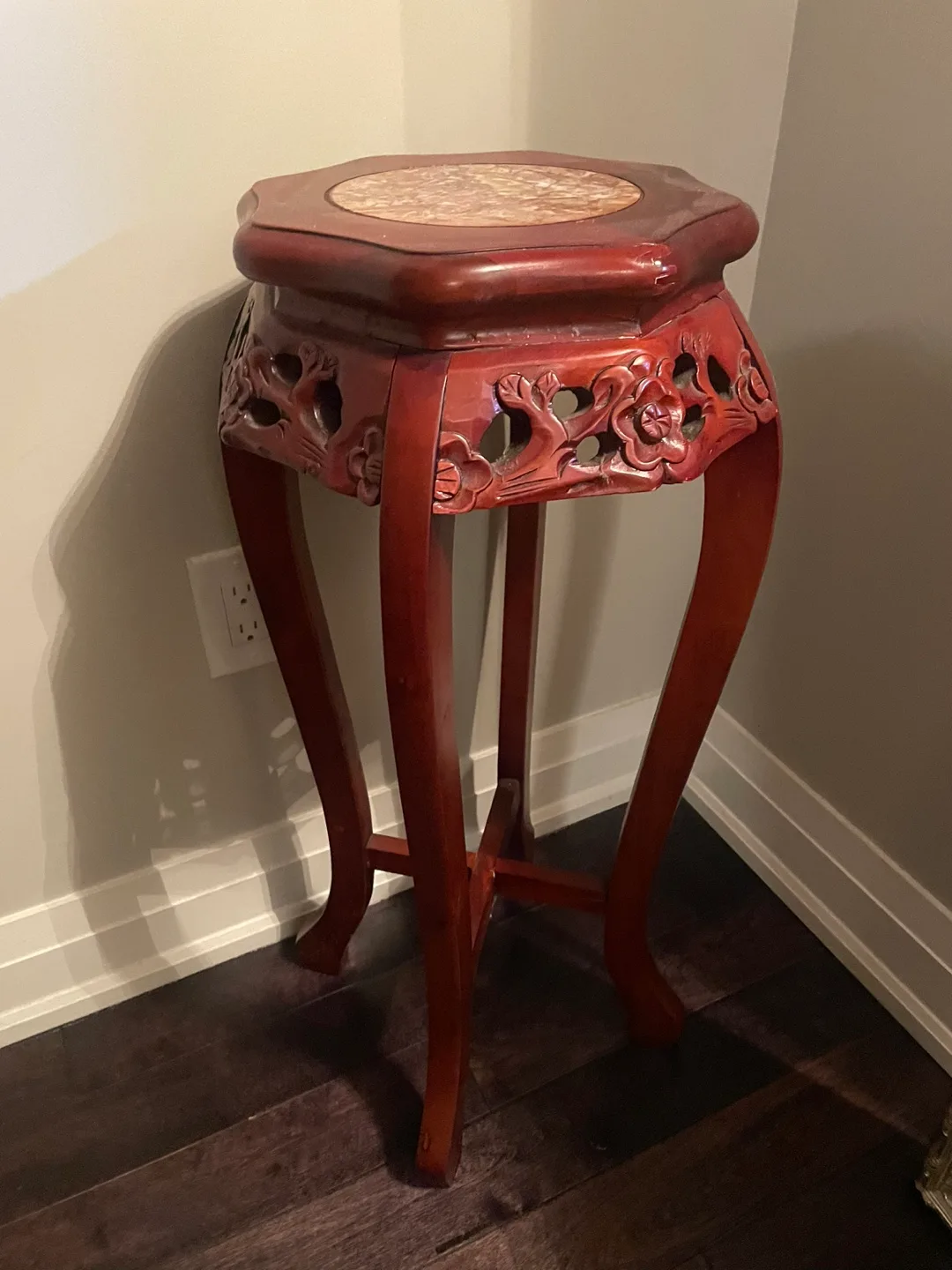 Ornate Carved Wood Plant Stand with Marble Top thumbnail