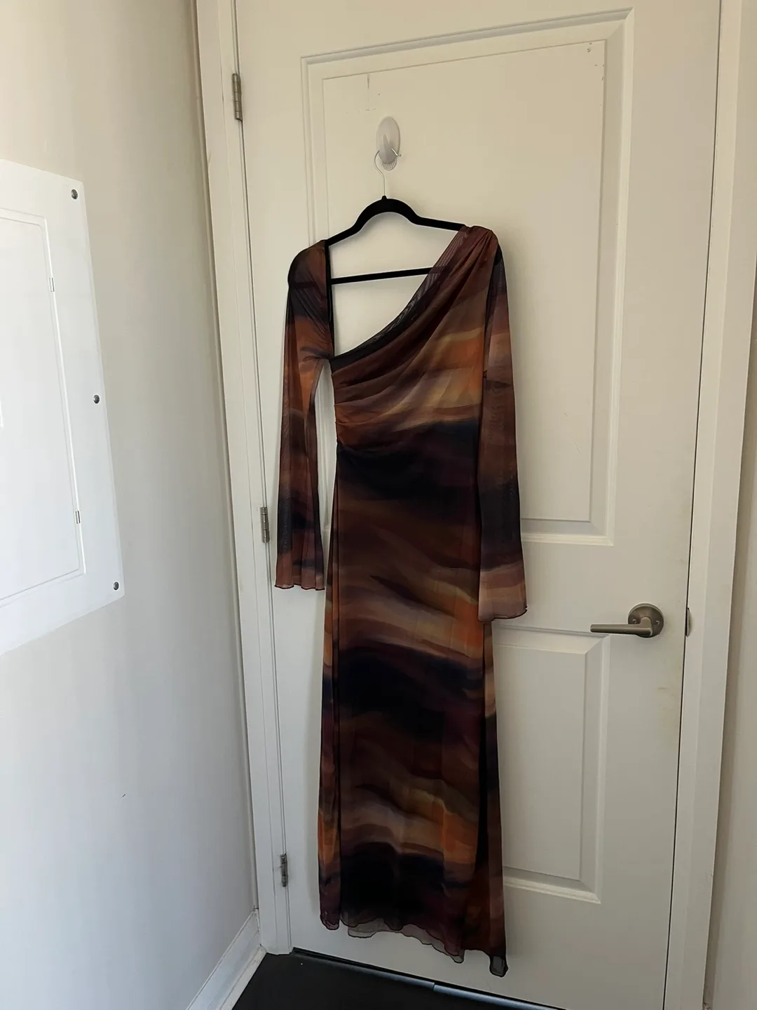 Brown Asymmetrical Mesh Maxi Dress thumbnail