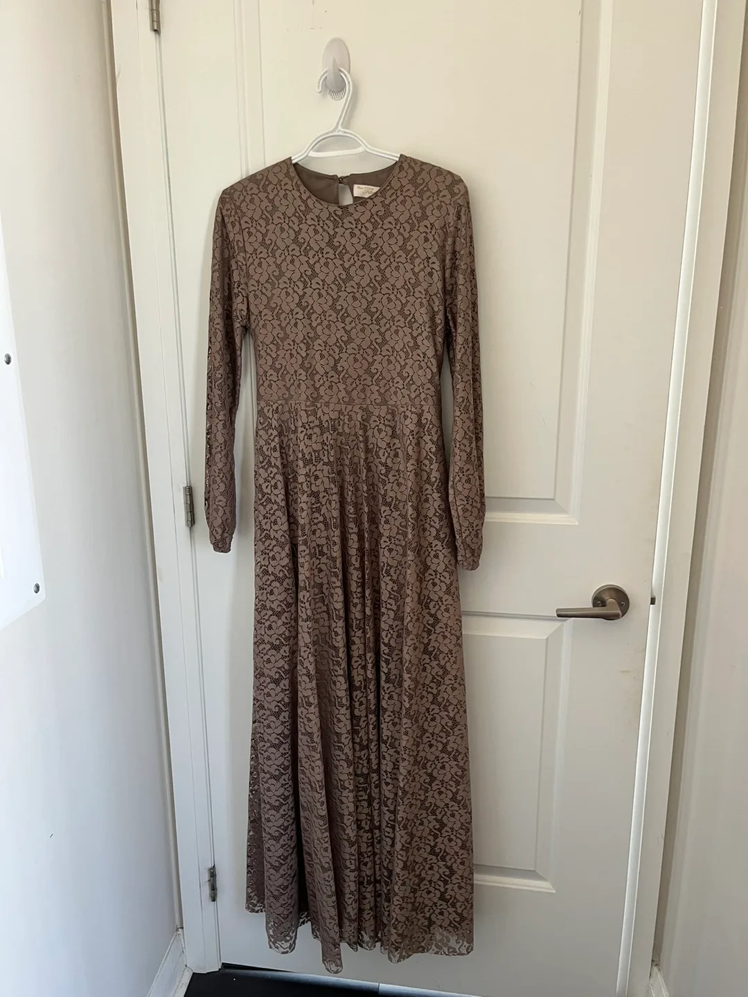 Modest Elegant Brown Lace Maxi Dress thumbnail