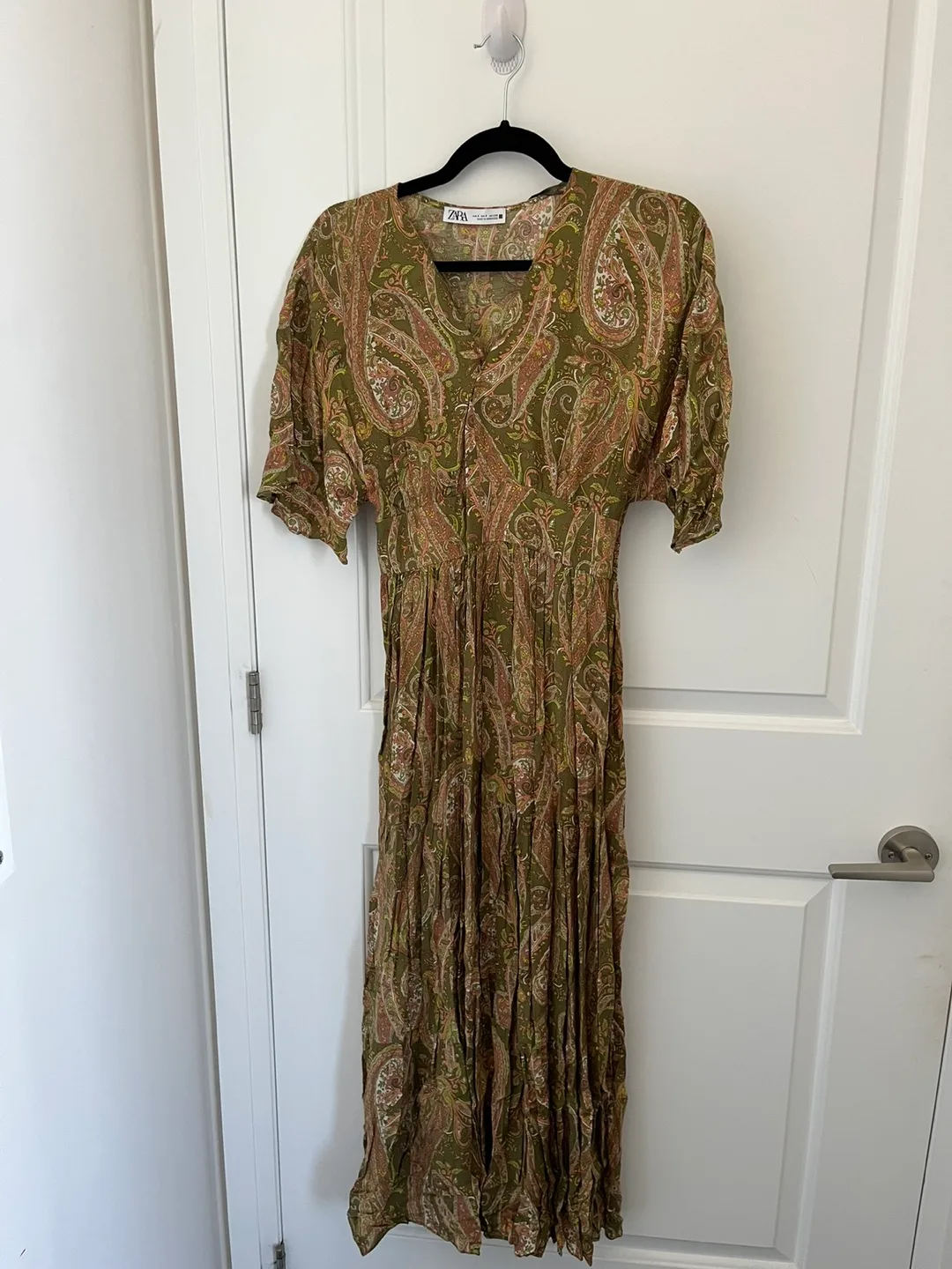 Zara: Olive Green Paisley Maxi Dress thumbnail