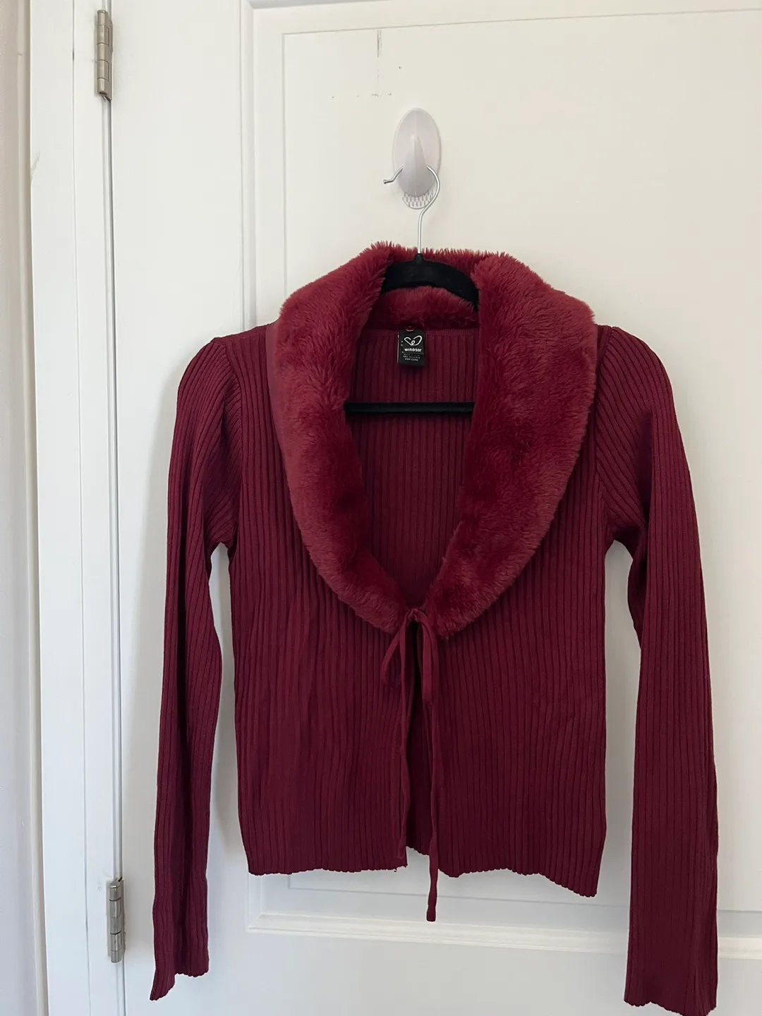 Windsor:  Burgundy Knit Cardigan with Faux Fur Collar thumbnail