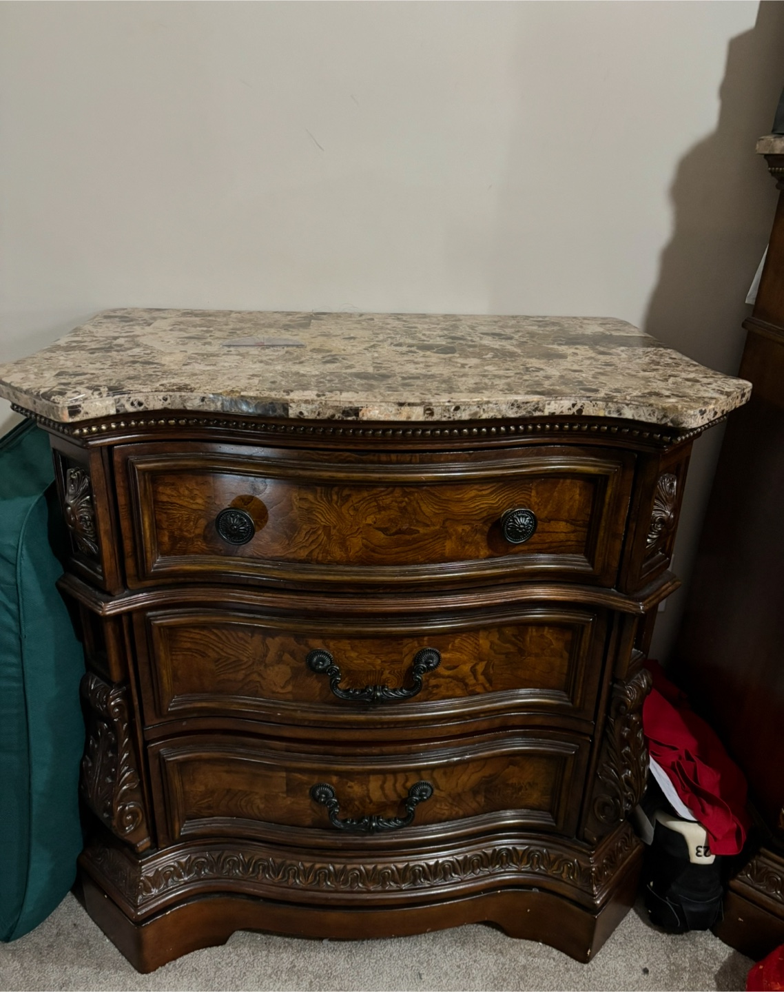 Elegant Three-Drawer Nightstand with Granite Top