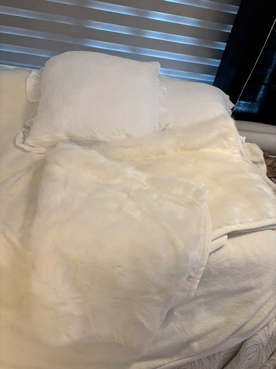 White Faux Fur Throw Blanket and Embroidered Pillow thumbnail