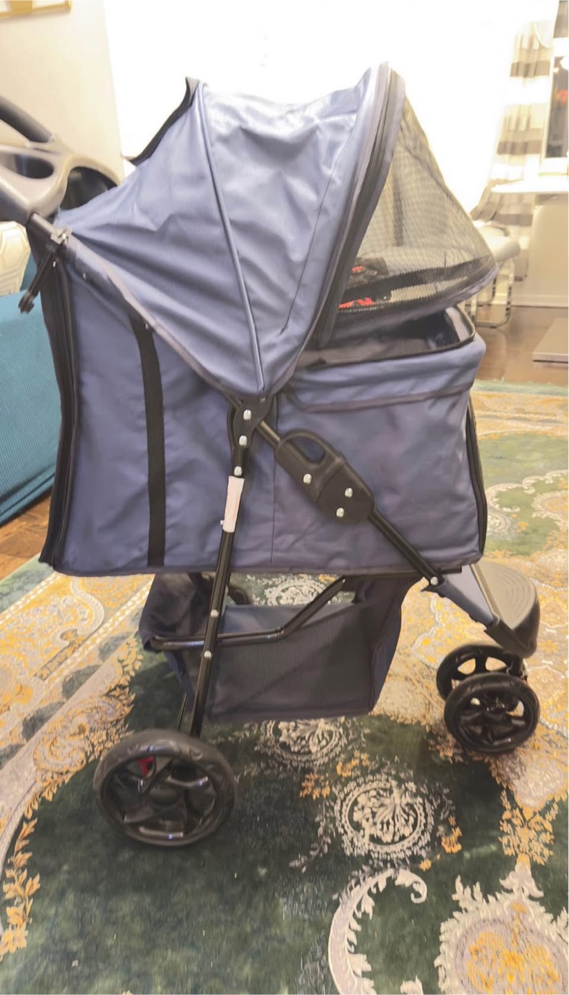 Pet stroller, blue, foldable, with storage