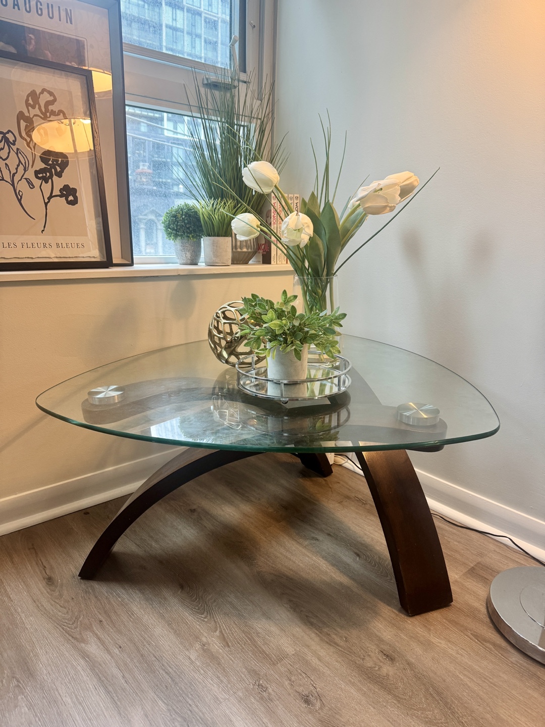 Unique Triangular Glass Coffee Table with Modern Wooden Base
