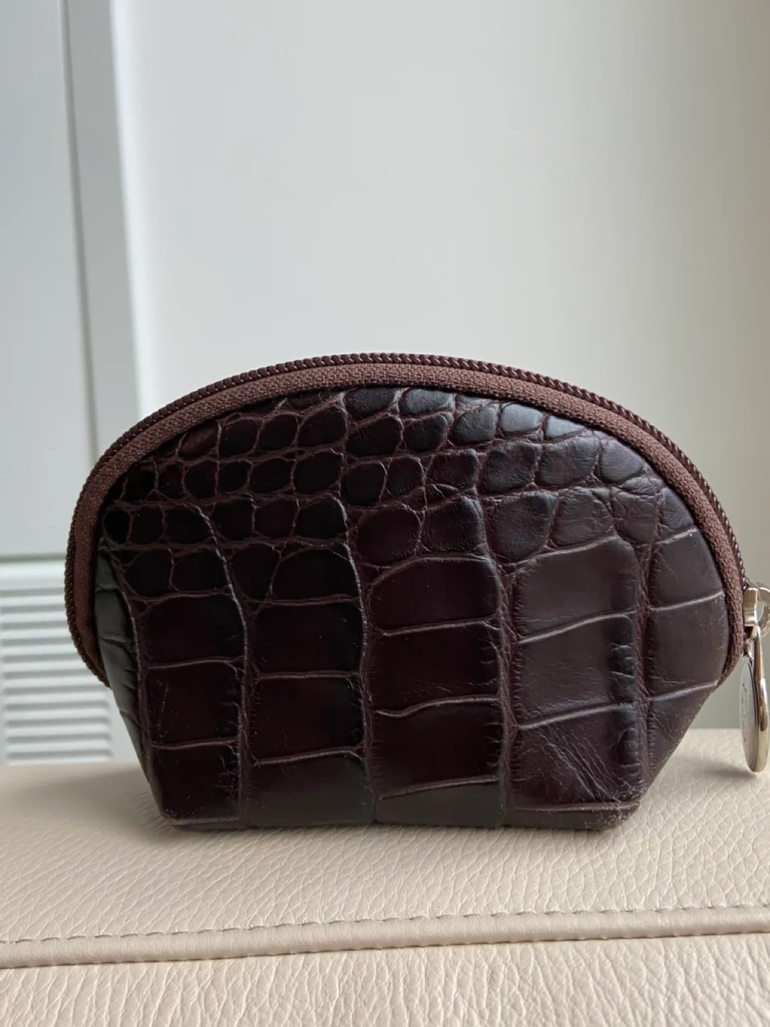 Furla Dark Brown Crocodile-Embossed Leather Coin Pouch thumbnail