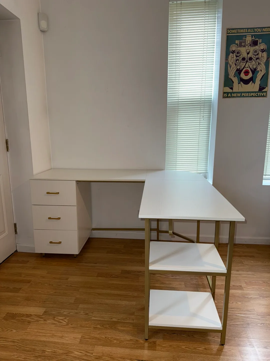 White and Gold L-Shaped Desk with 3 Drawers and Open Shelving thumbnail