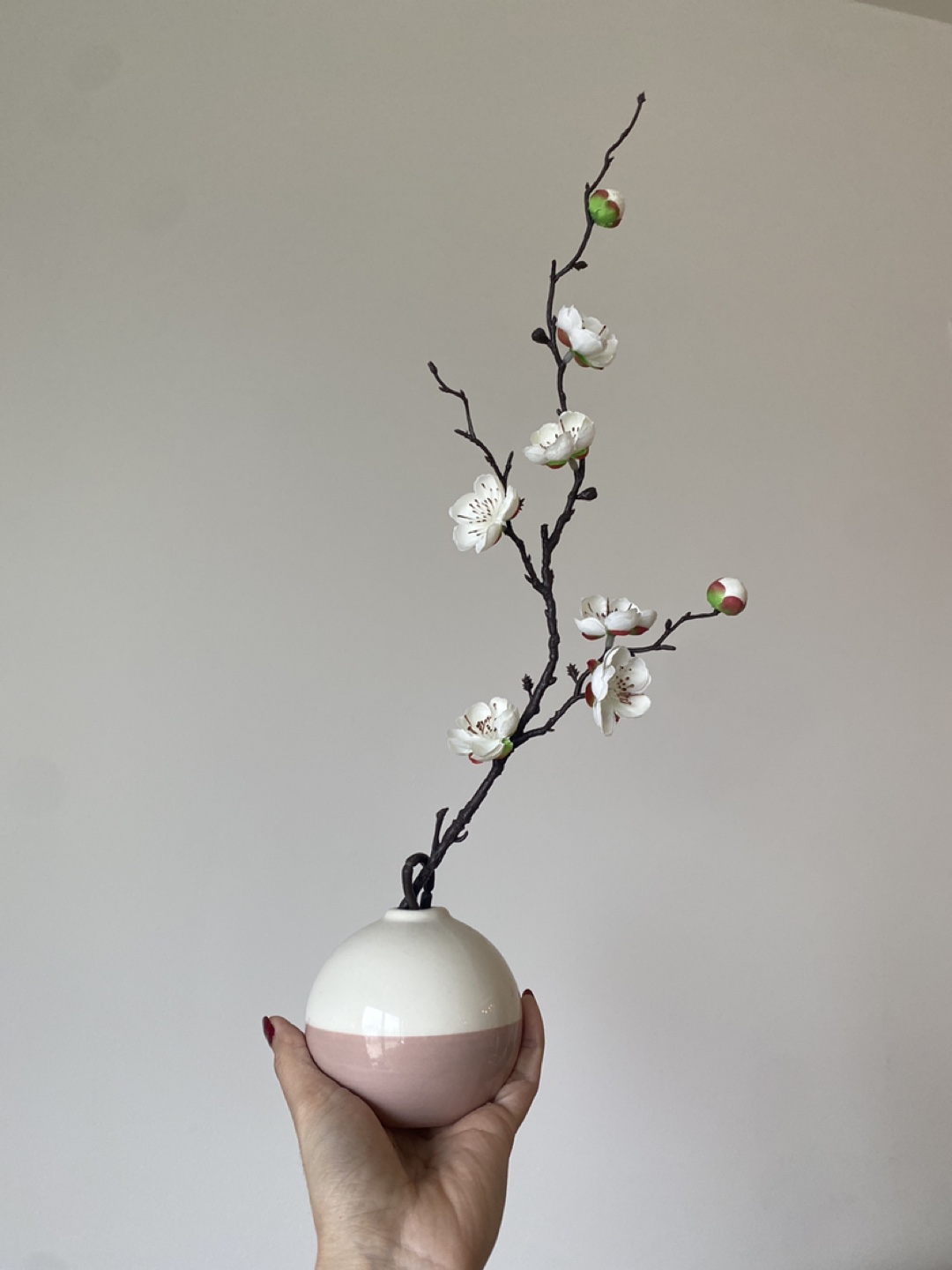 Modern Two-Tone Ceramic Vase with Artificial Blossom Branch