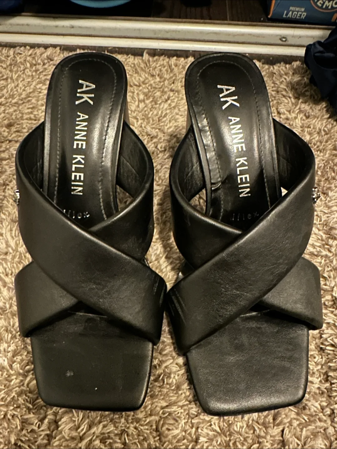 AK Anne Klein Black Leather Cross-Strap Block Heel Mules