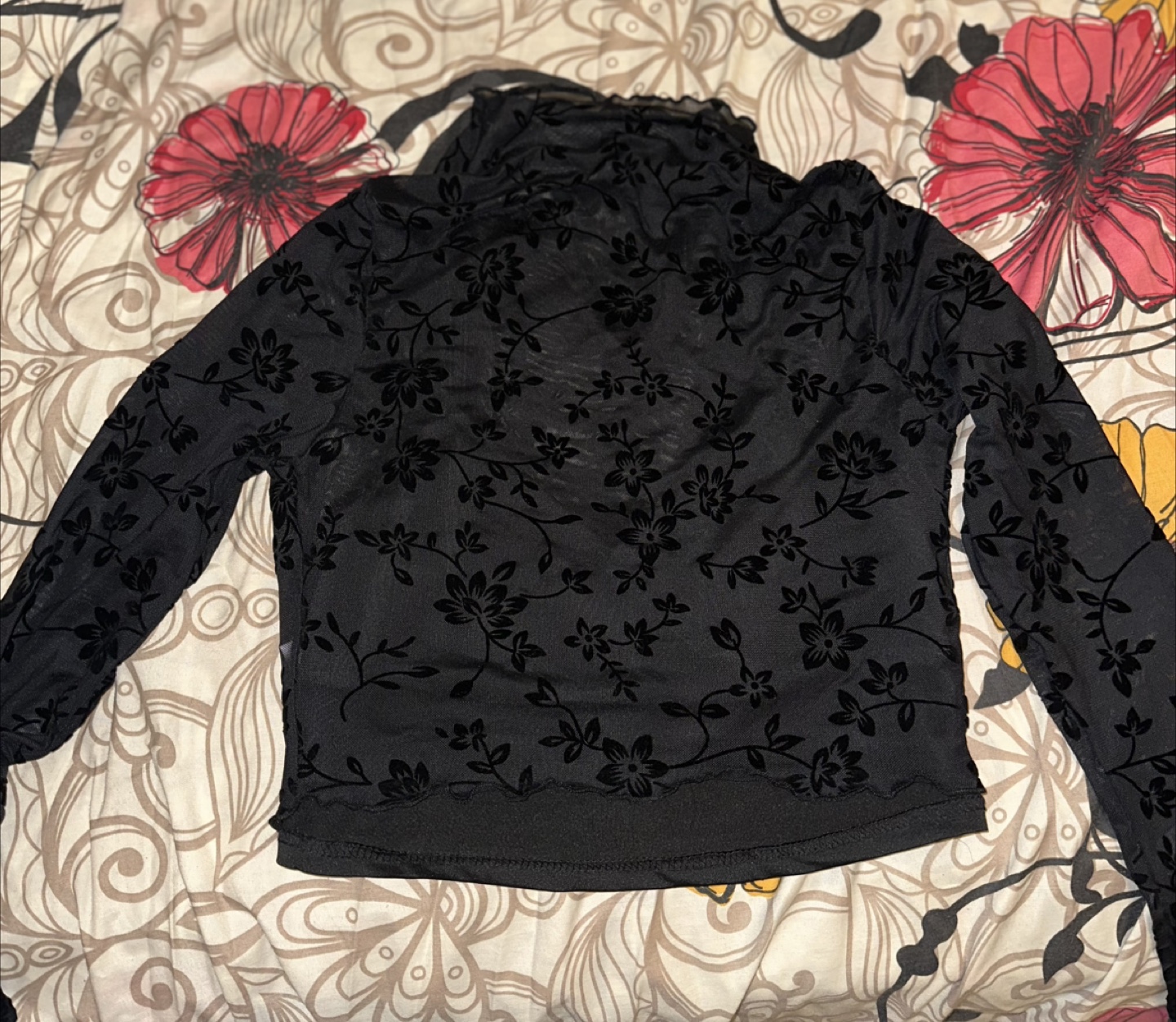 Black floral mesh long sleeve crop top