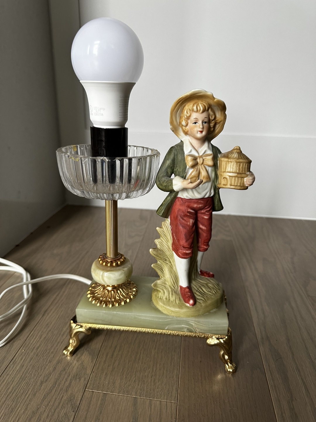 Vintage Porcelain Table Lamp with Birdcage Boy Figurine