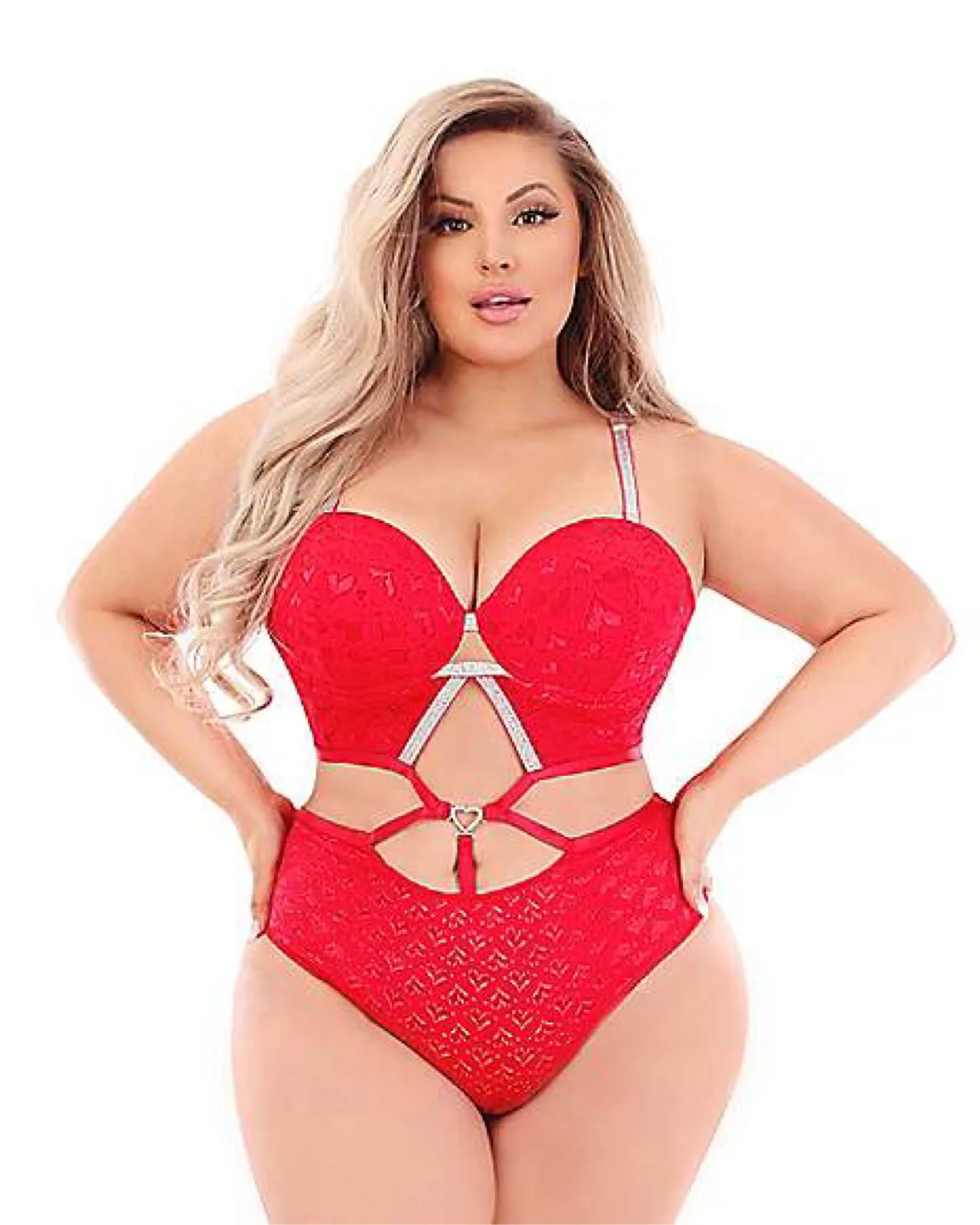Plus Size Red Lace Bodysuit with Rhinestone Detail #freecycle thumbnail
