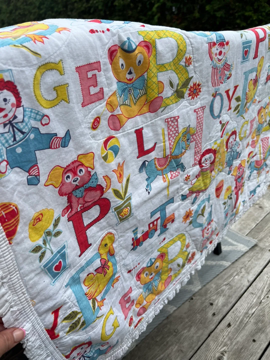 Vintage Alphabet Baby Quilt with Ruffled Trim image indicator(2)