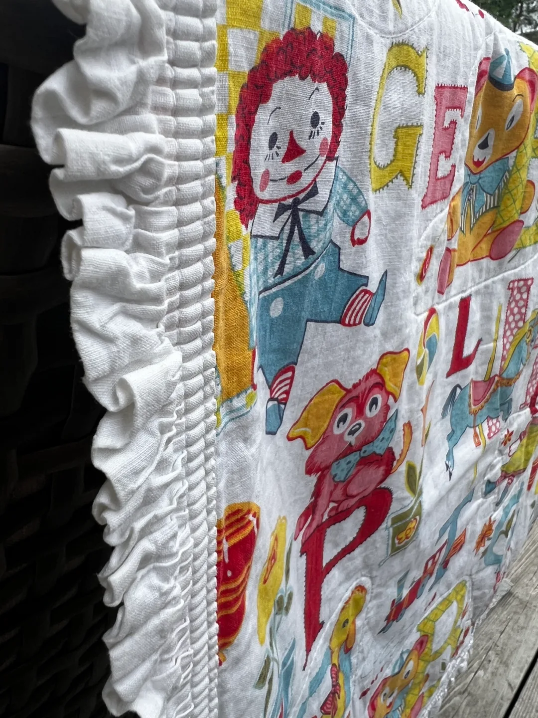 Vintage Alphabet Baby Quilt with Ruffled Trim thumbnail