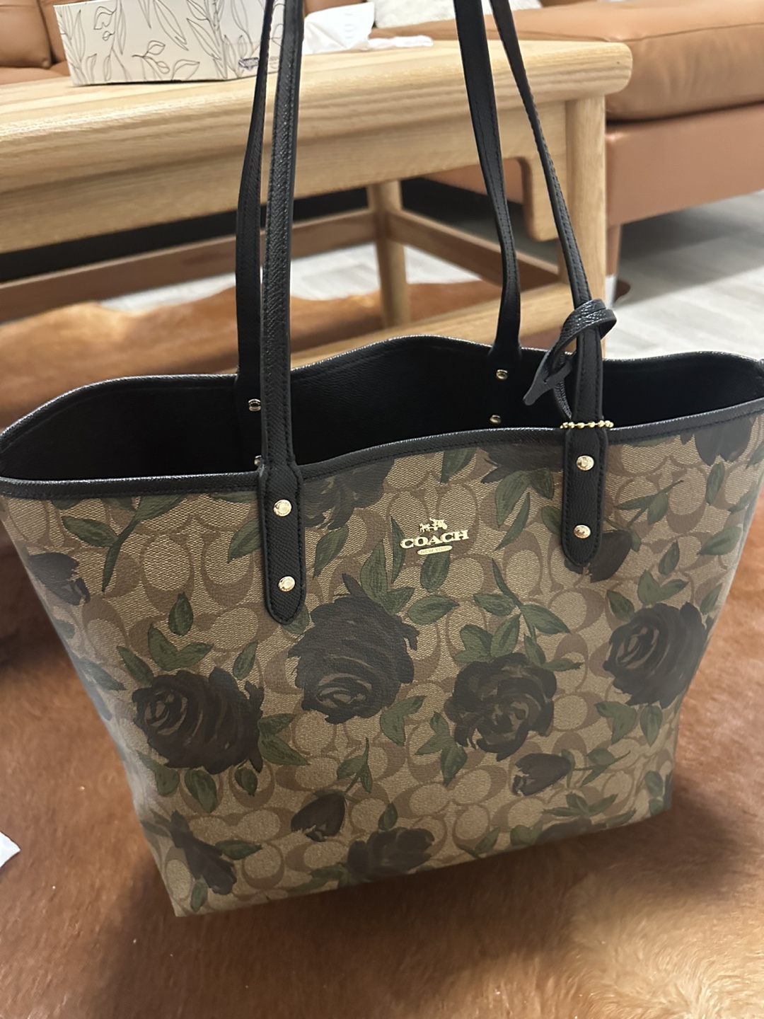 Coach reversible tote bag, black/black roses print