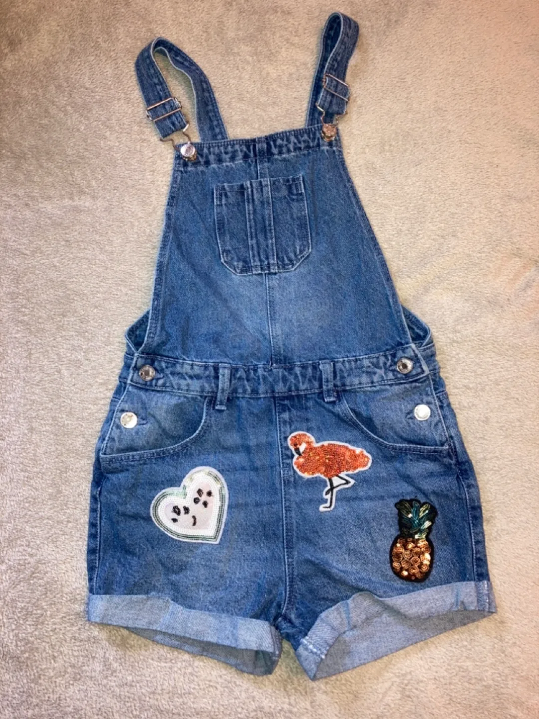 Girls' 10-11 yrs Denim and Black Overall Shorts thumbnail