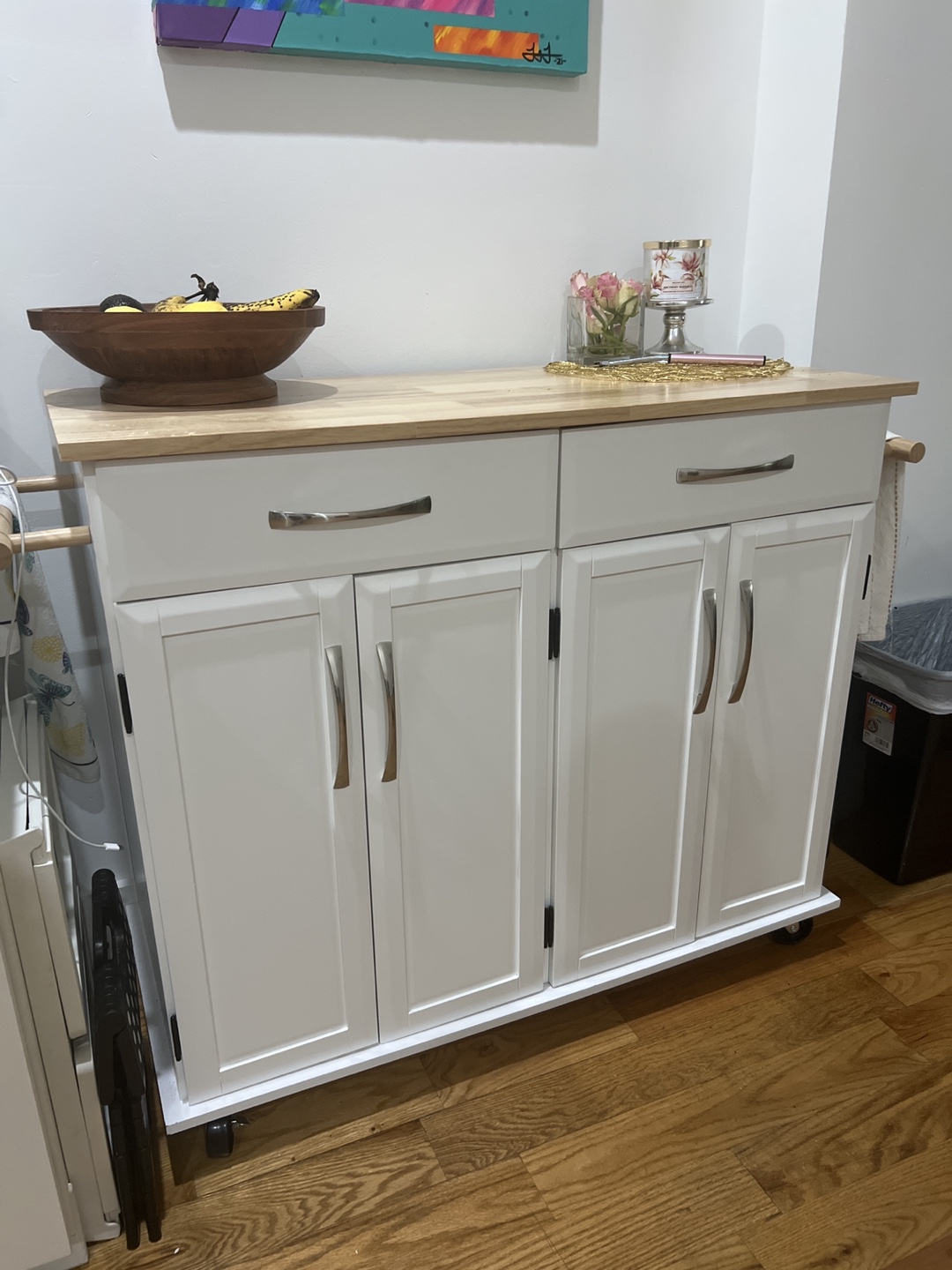 White Kitchen Cart with Wood Top