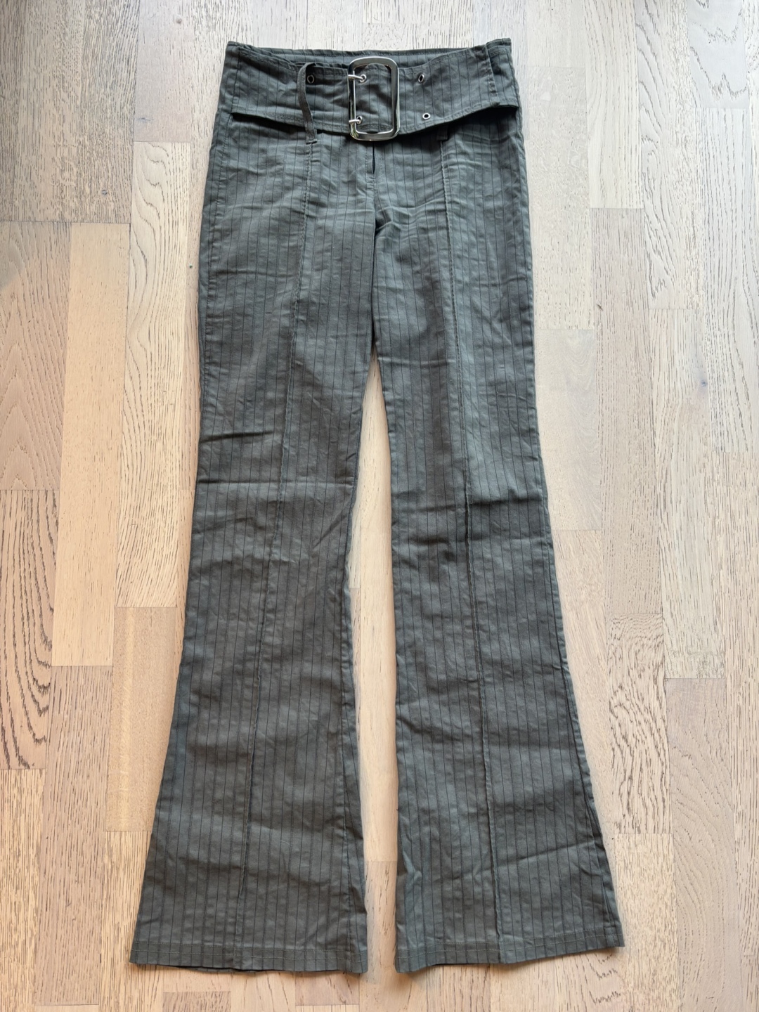 Women's Olive Green Pinstripe Bell Bottom Pants with Belt