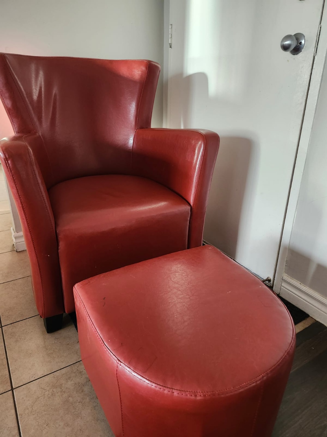 Red Leather Accent Chair and Ottoman Set