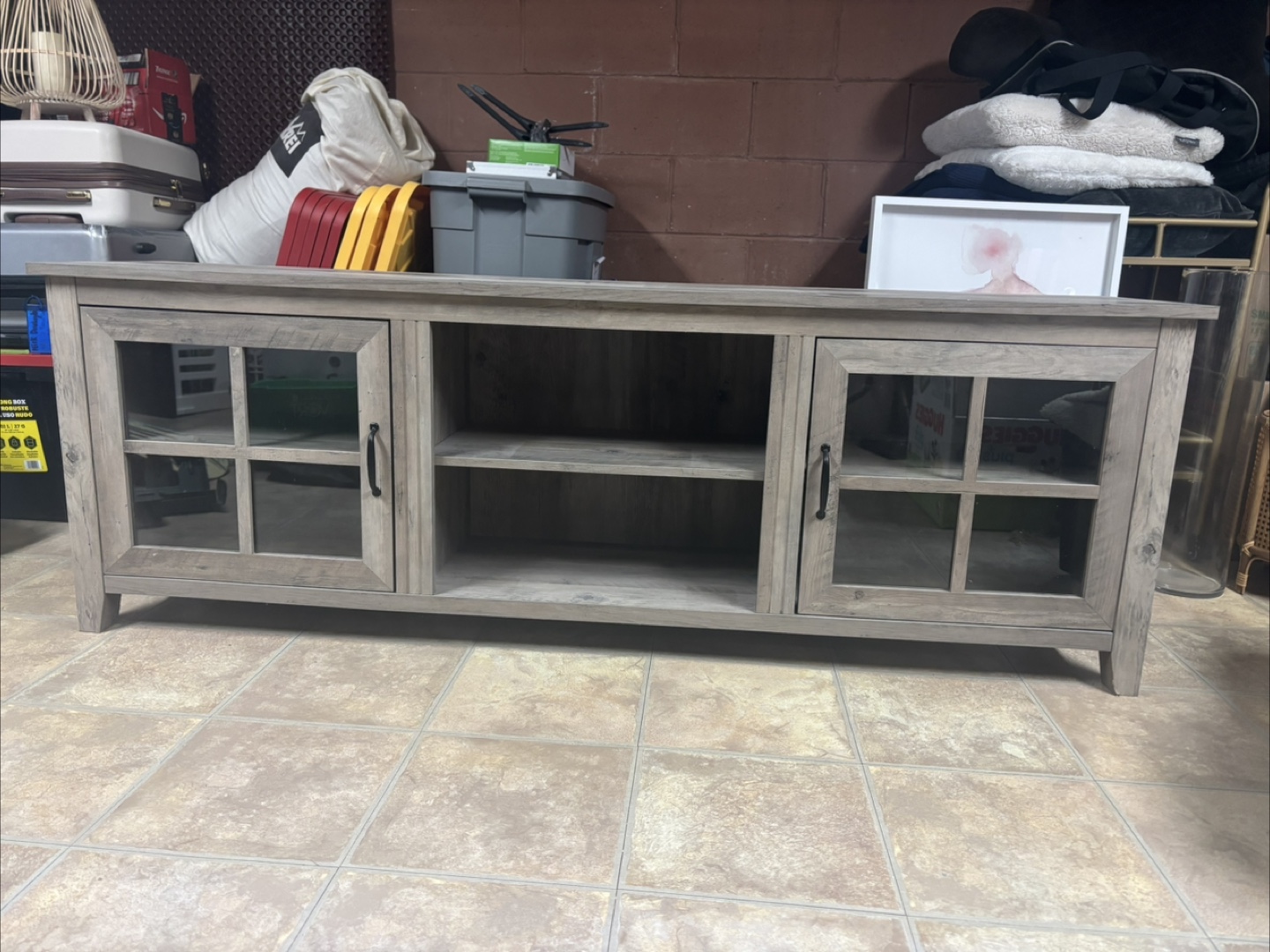 Grey Wood TV Stand with Glass Doors