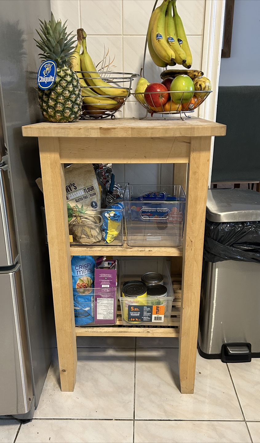 Wooden Kitchen table with Storage Shelves