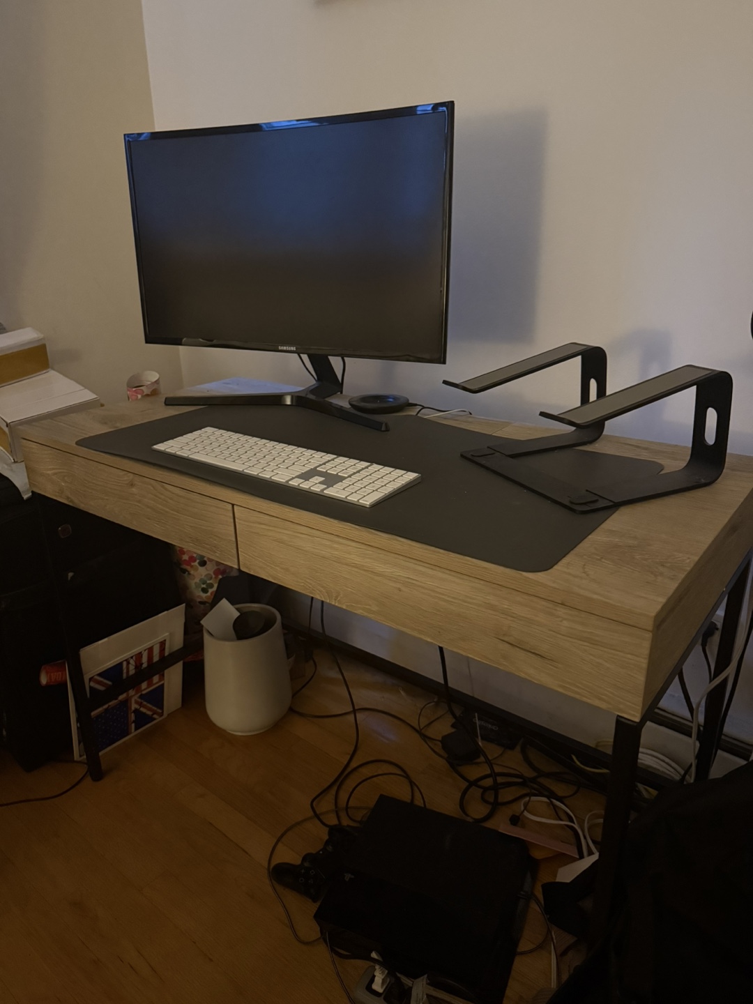 Wood Desk with Charging Outlets and Samsung Curved Monitor - photo 2