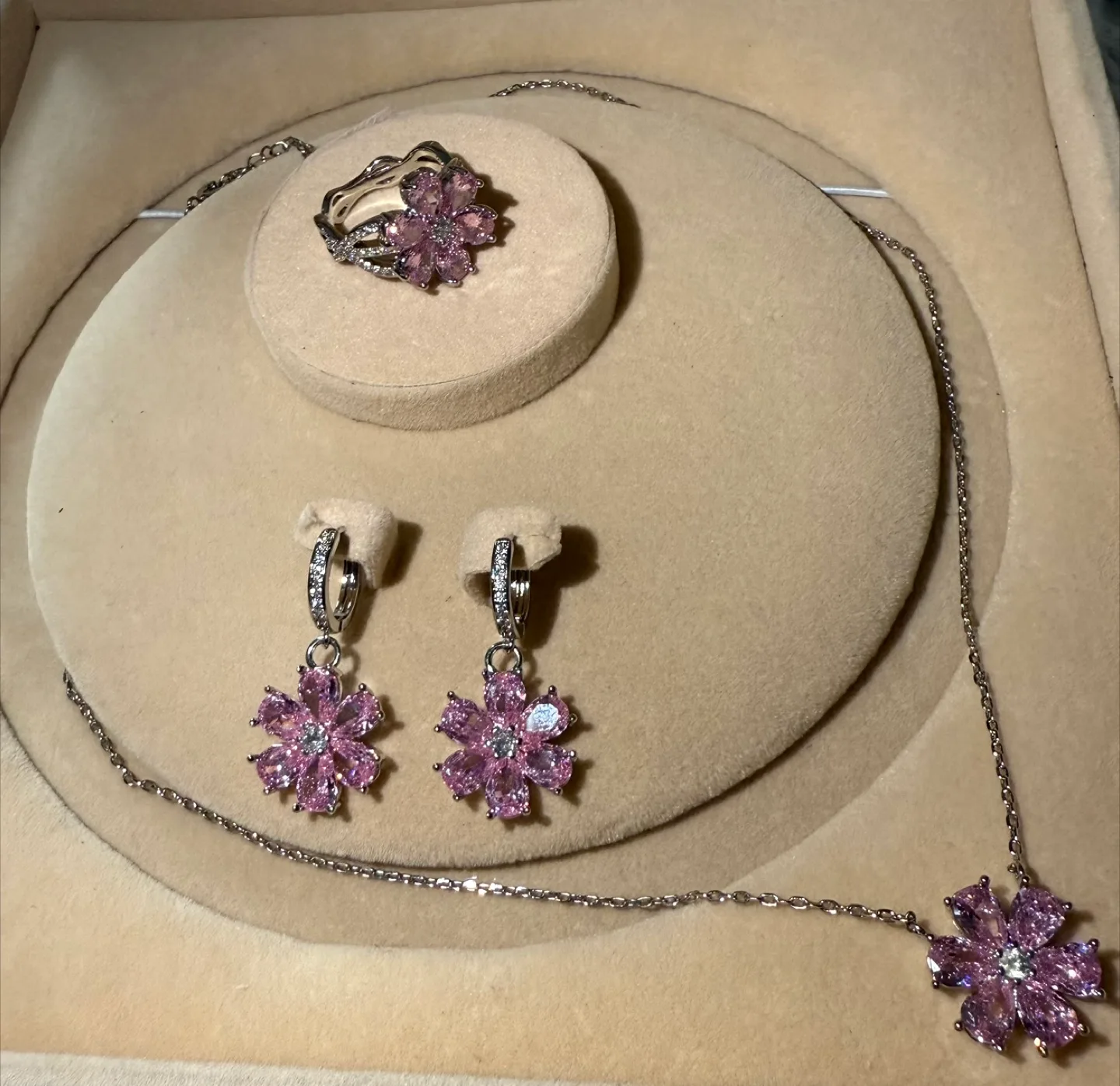 Pink Flower Zirconia Jewelry Set - Necklace, Ring, Earrings thumbnail