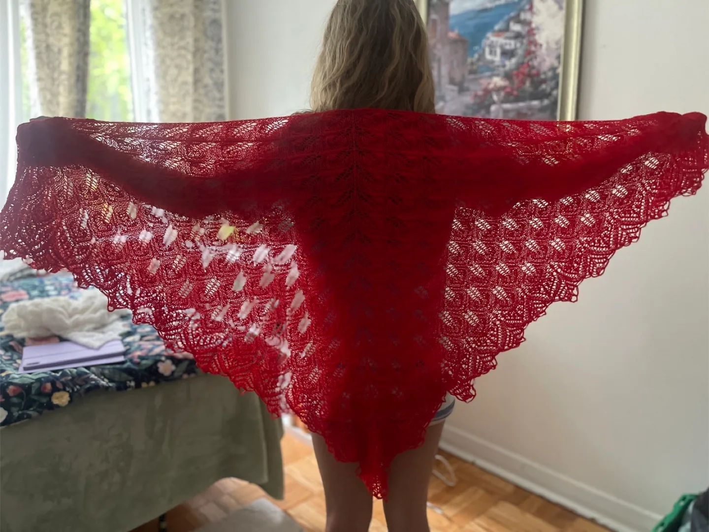 Hand-Knitted Red Lace Shawl thumbnail