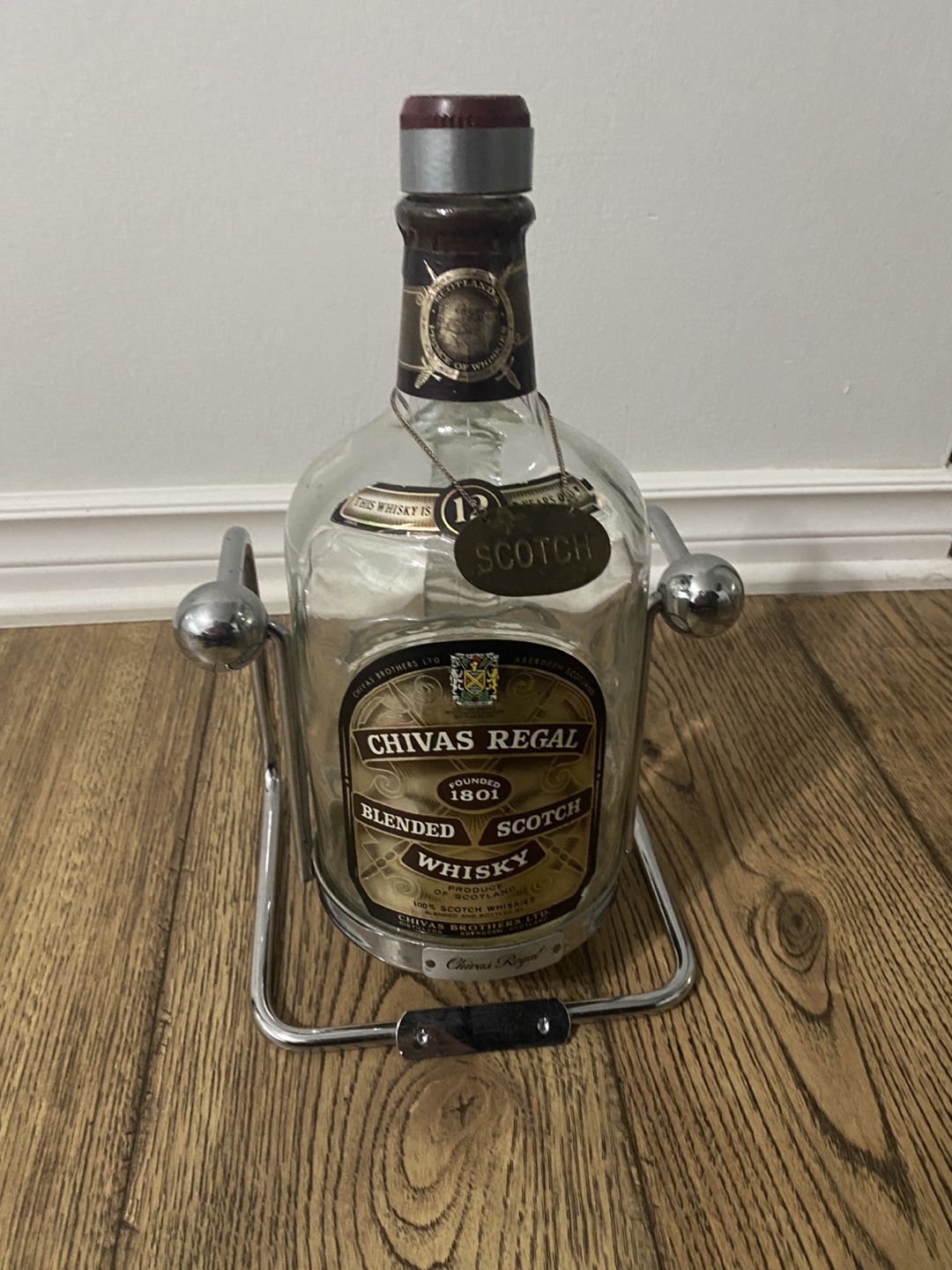 Empty Chivas Regal 12 Year Old Scotch Whisky Bottle with Stand