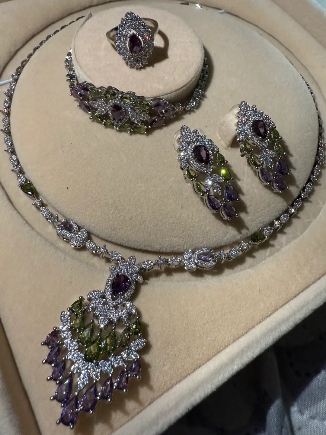 Elegant Purple and Green Zirconia Gemstone Jewellery Set thumbnail