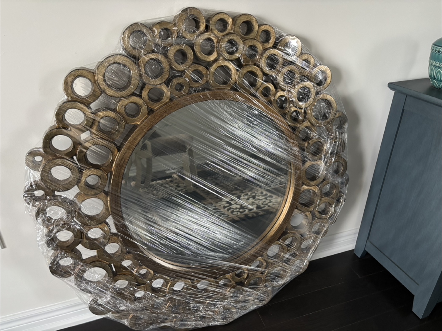 Large Gold Circular Mirror with Unique Frame