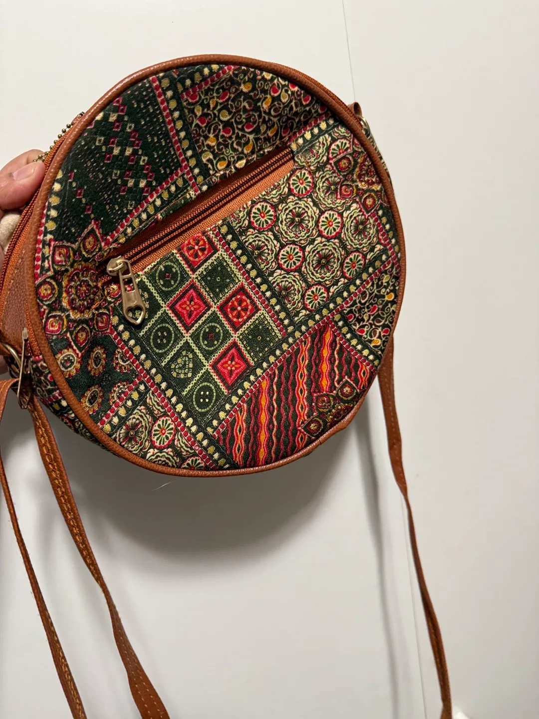 Round Patchwork Shoulder Bag with Teddy Bear Charm image indicator(2)