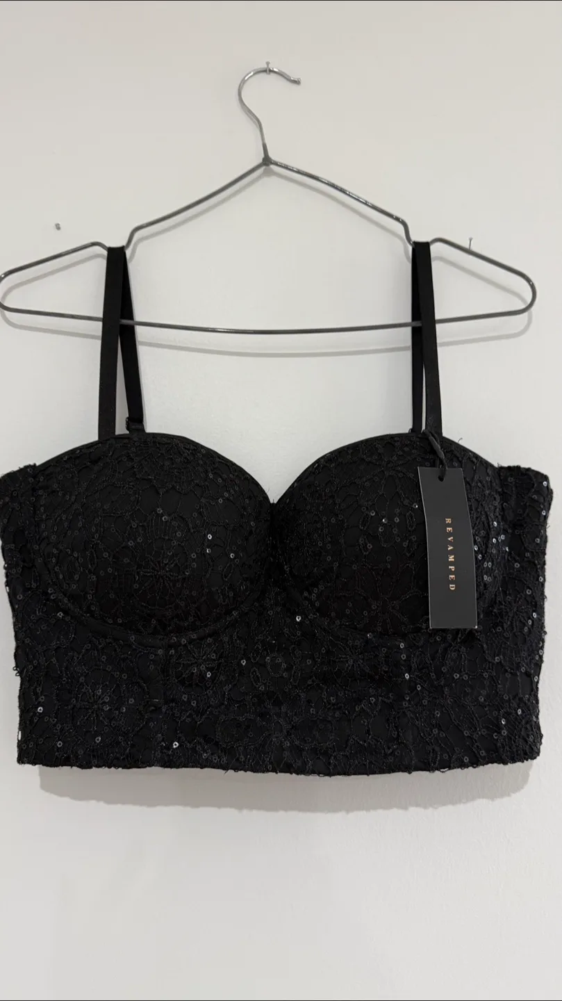 Black Lace Sequin Bustier Crop Top thumbnail