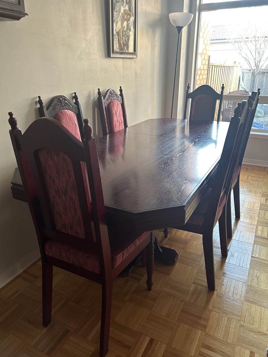 Dark Wood Dining Set - 6 Chairs & Expandable Table