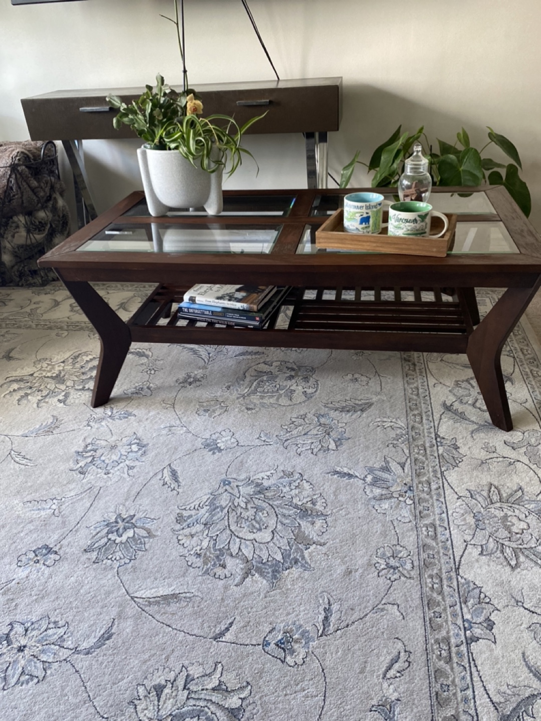 Dark Brown Wood Coffee Table with Glass Top