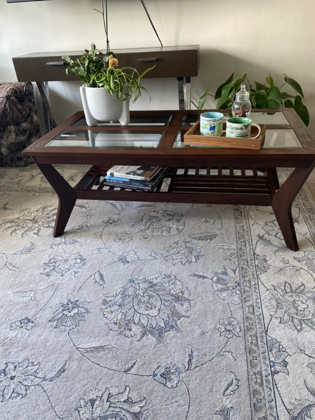 Dark Brown Wood Coffee Table with Glass Top thumbnail