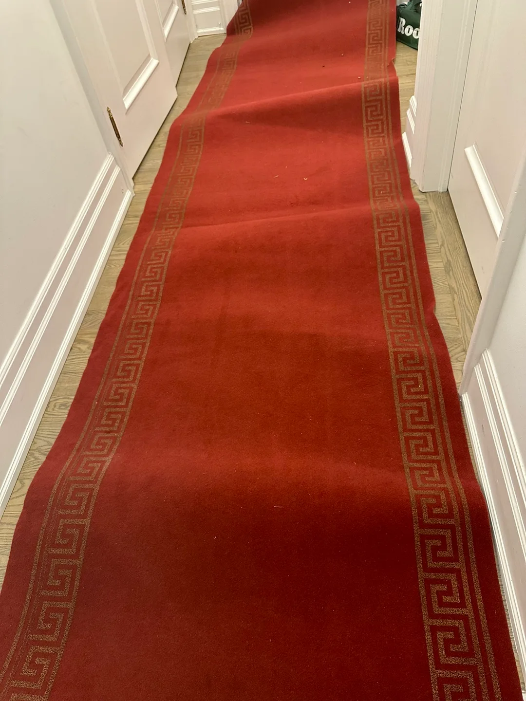 Red runner rug with gold Greek key border thumbnail