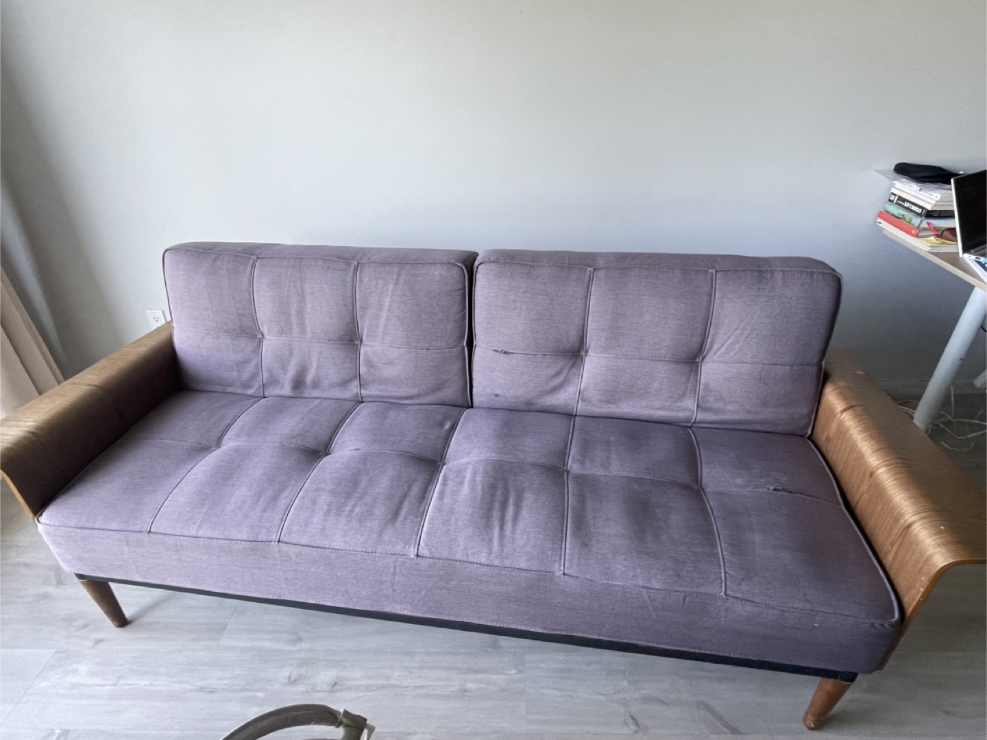 Purple Sofa Bed with Wooden Arms