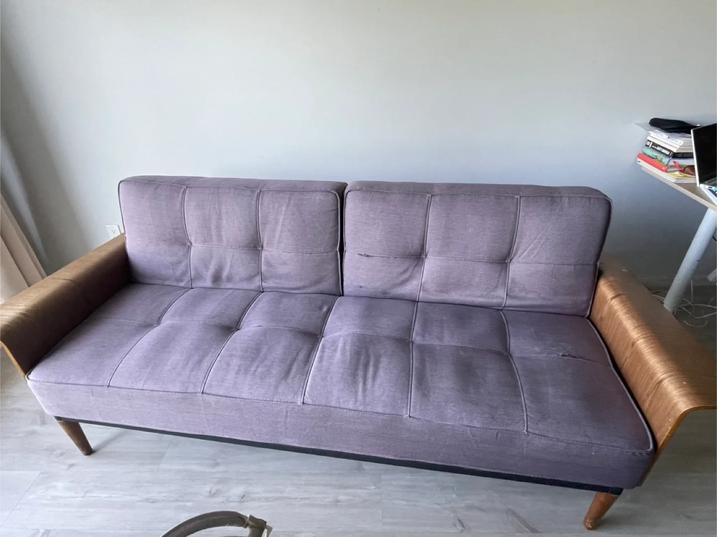 Purple Sofa Bed with Wooden Arms thumbnail