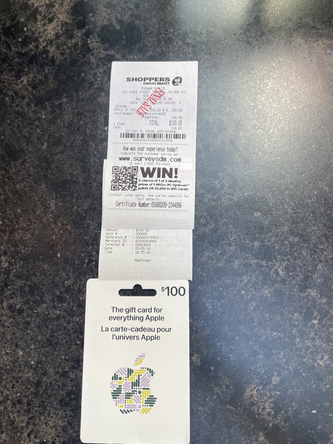 $100 Apple Gift Card with receipt