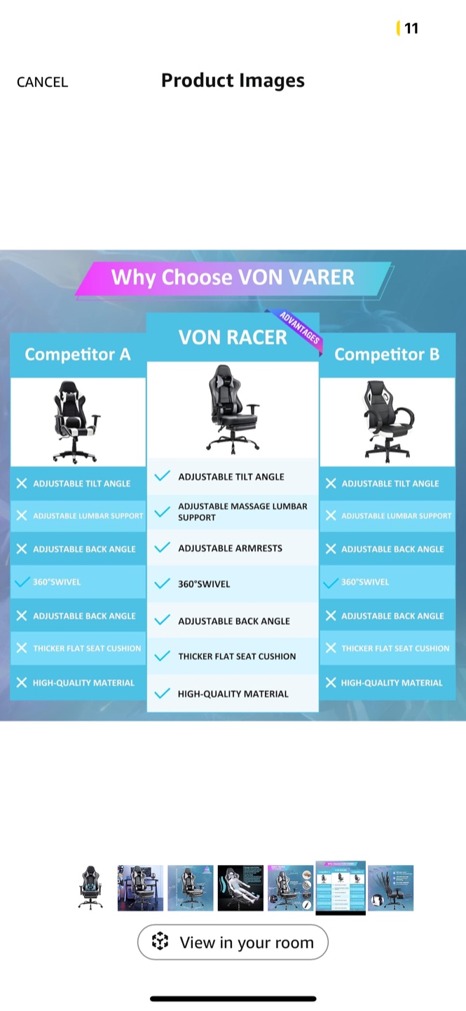 Urgent’Von Racer Gaming Chair with Adjustable Lumbar Support - photo 3