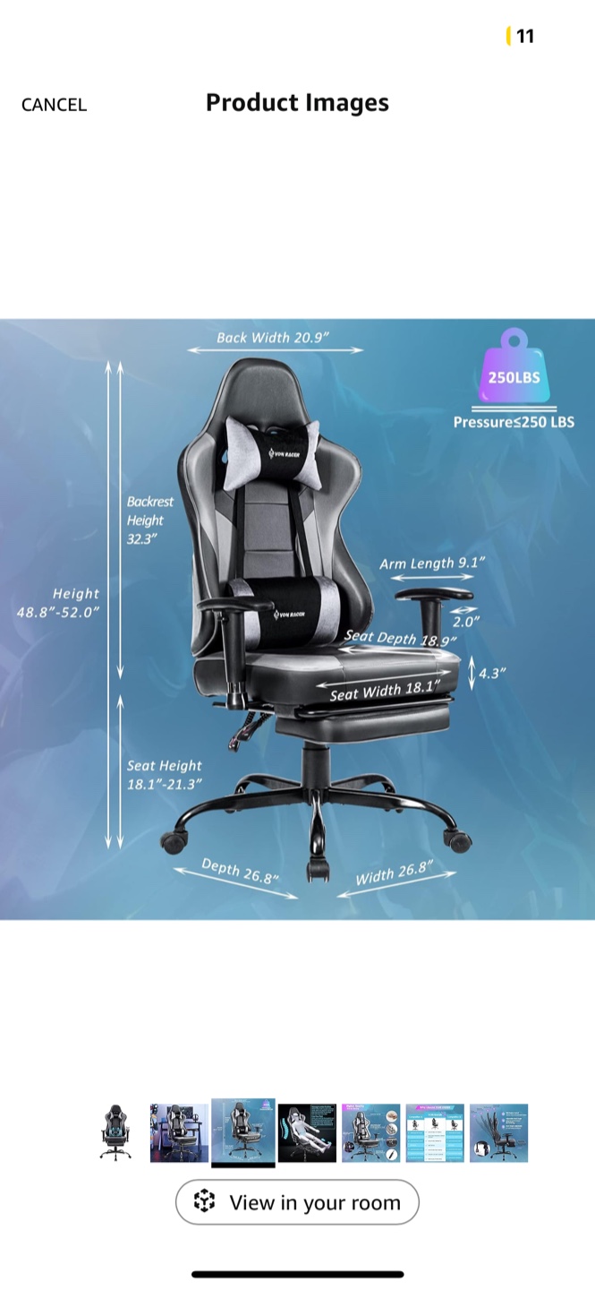 Urgent’Von Racer Gaming Chair with Adjustable Lumbar Support - photo 5